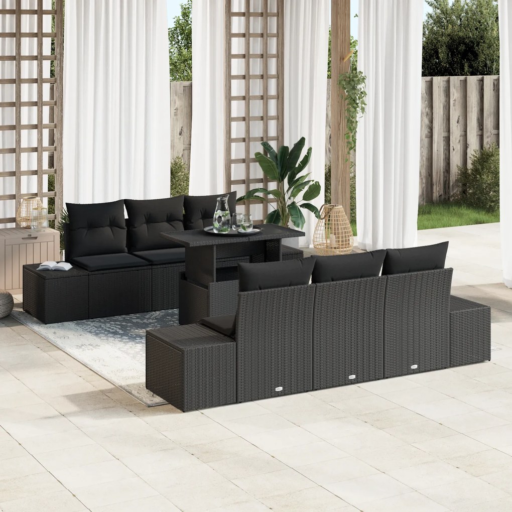 vidaXL Set de canapele pentru grădină, 7 piese, cu perne, din rattan poly negru