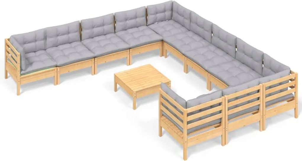 vidaXL Set mobilier de grădină cu perne, 12 piese, gri, lemn masiv pin