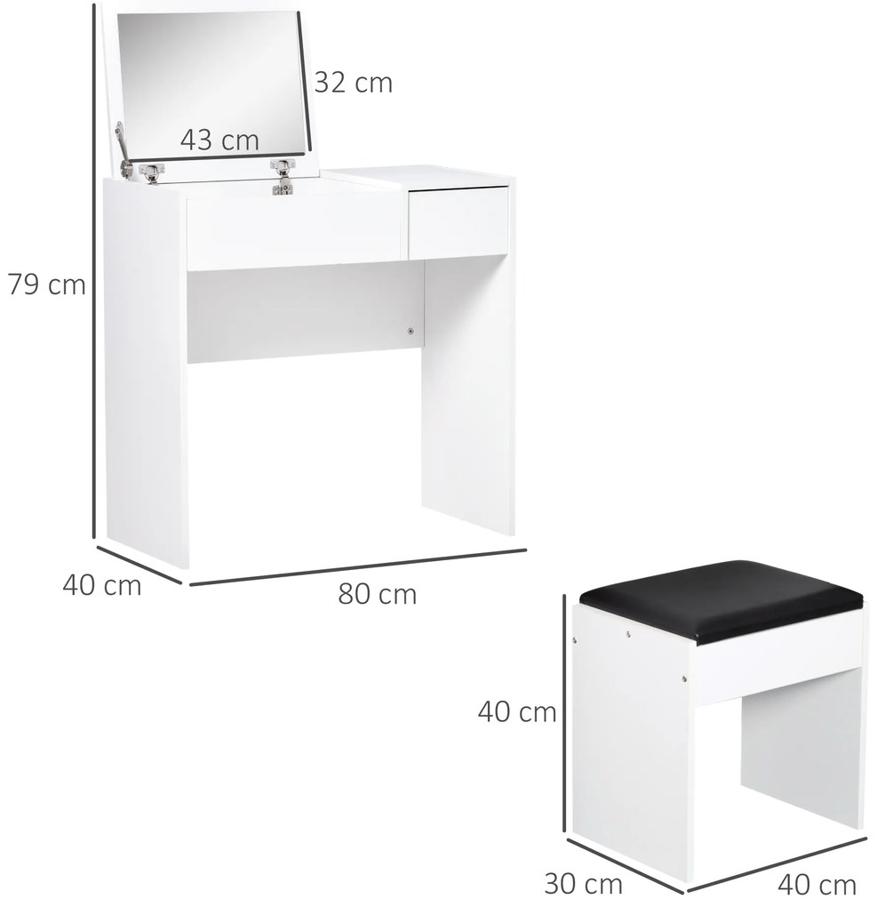 HOMCOM Tocador de Machiaj cu Taburet Masă de Machiaj cu Oglindă Capac Rabatabil și Cutii 80x40x79 cm și 40x30x40 cm | Aosom Romania