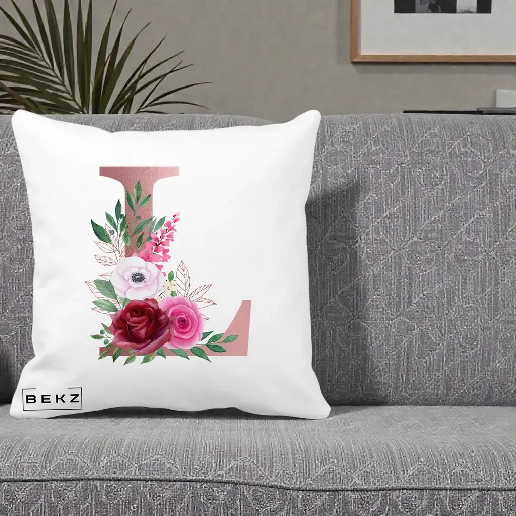 Cadou Personalizat - Perna Personalizata Monograma Rose Gold Litera L, 40x40 cm, Alba Mata, Husa Detasabila, Perna Inclusa, BEKZ®