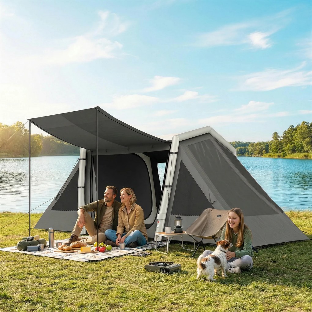 Outsunny Cort Gonflabil de Camping 4 Persoane Blackout Cort cu Aer 5,8m Lungime 2 Dormitoare și Zonă de Zi 580x270x202cm Gri Închis | Aosom Romania