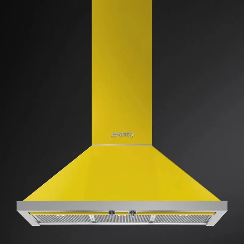 Hota decorativa SMEG Portofino KPF9YW, 275 W, A+, 781 m³/h, 3 viteze, 3 filtre, Supapa, Otel inoxidabil, LED, Galben