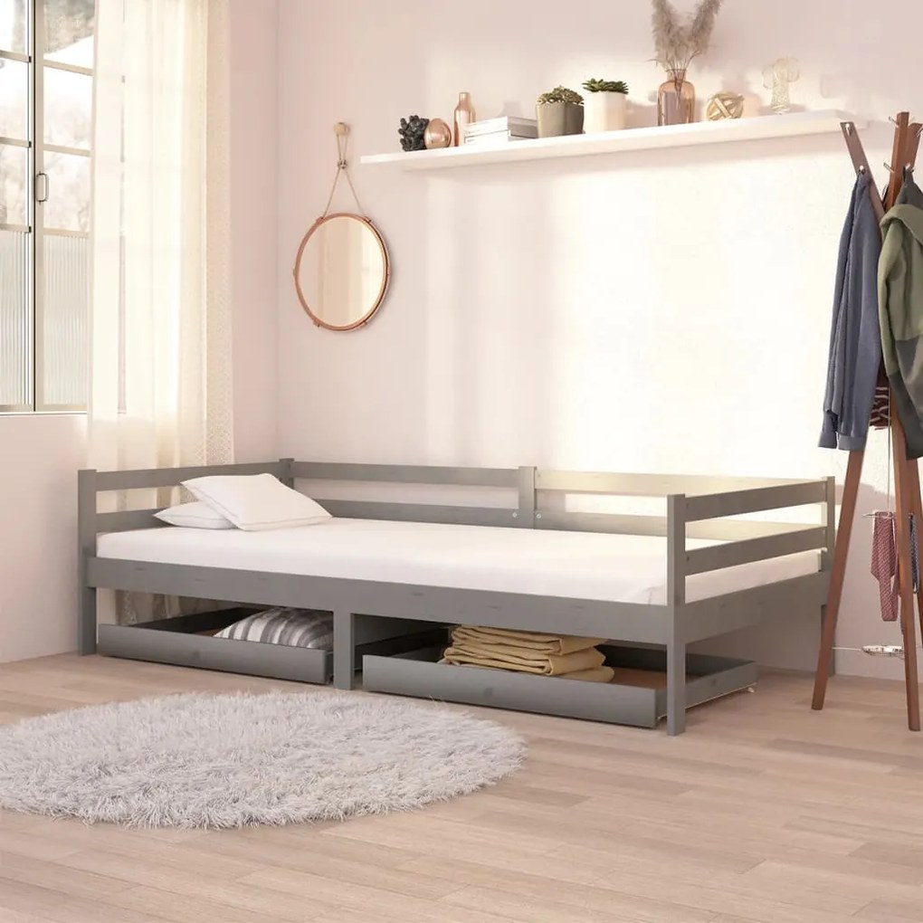 3083676 vidaXL Pat de zi cu sertare, gri, 90x200 cm, lemn masiv de pin