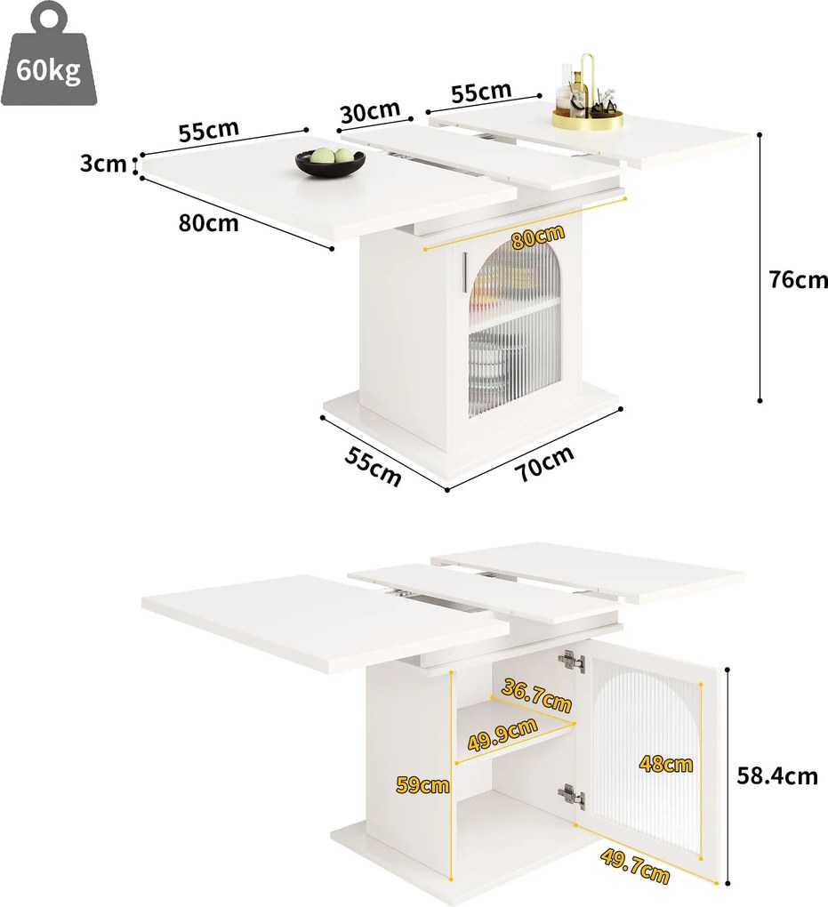 Masă de dining extensibilă cu 3 rafturi și uși din sticlă, 110-140x80x76 cm, Alb