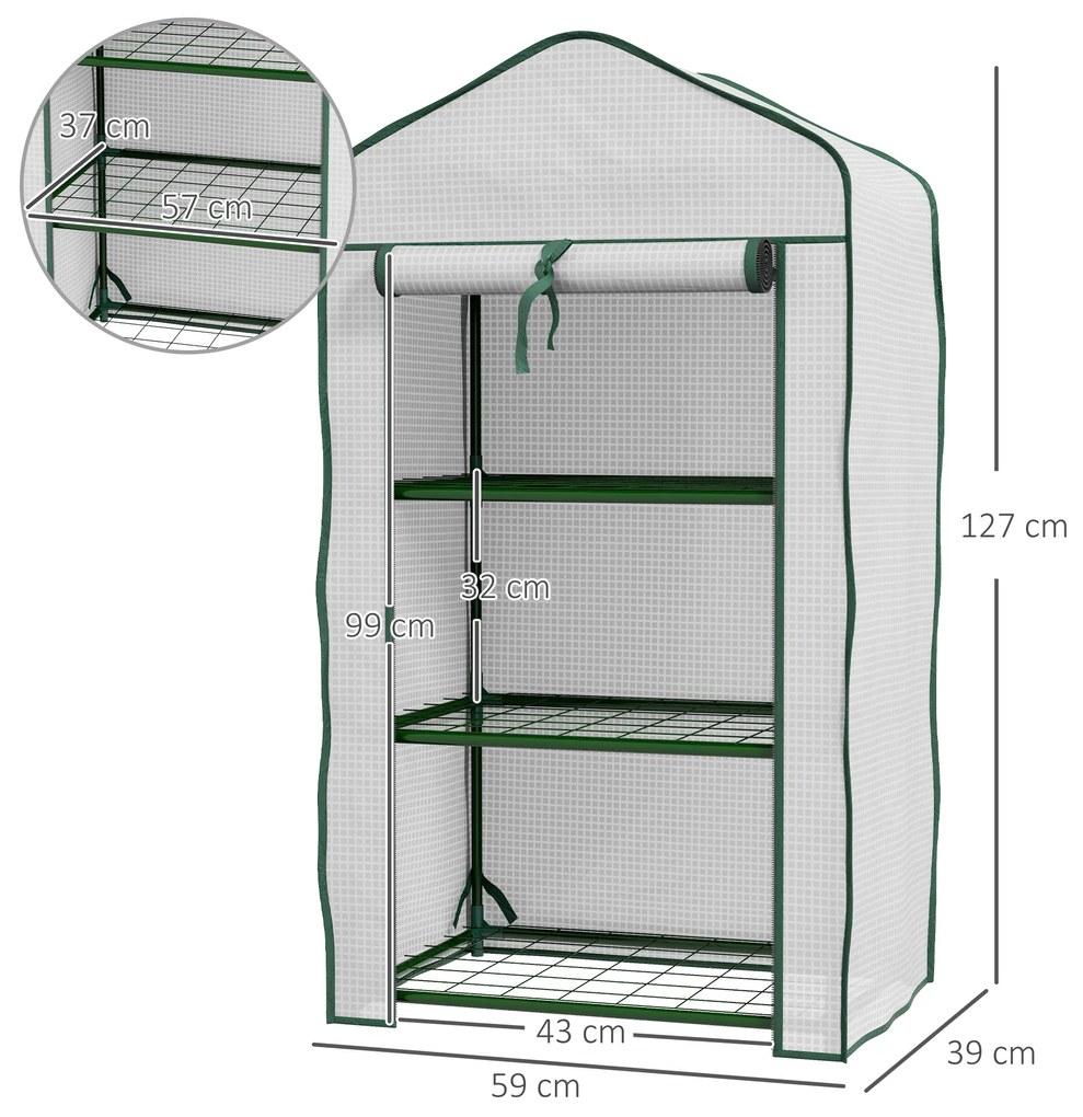 Outsunny Mini Seră pe 3 Nivele cu Acoperiș PE Întărit, Seră Portabilă cu Ușă Rulantă și Rafturi din Sârmă, 59x39x127 cm, Alb | Aosom Romania