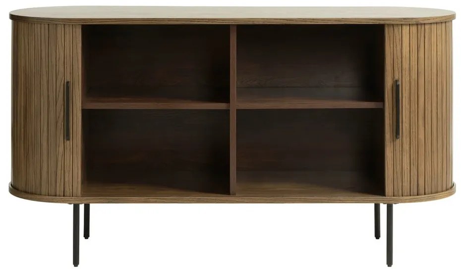 Comodă maro joasă cu aspect de lemn de stejar cu ușă glisantă 140x76 cm Nola – Unique Furniture