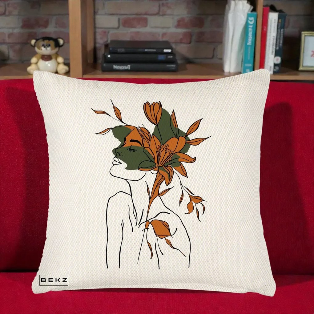 Perna Decorativa Portret Feminin Crin Auriu, 40x40 cm, Crem Reliefat, Husa Detasabila, Perna Inclusa, BEKZ®