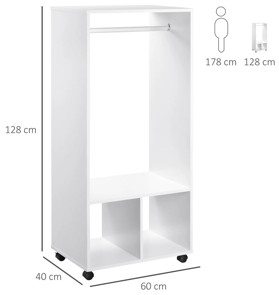 HOMCOM Cuier cu Bară din Aluminiu și 2 Rafturi Deschise, 60x40x128 cm, Alb | Aosom Romania