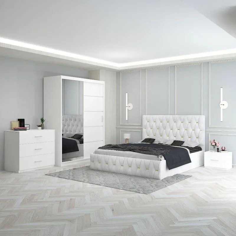 Set Mobila De Dormitor Eric Alb+Comoda, pat tapitat 160x200cm,  dulap cu oglinda 150x210cm, noptiere