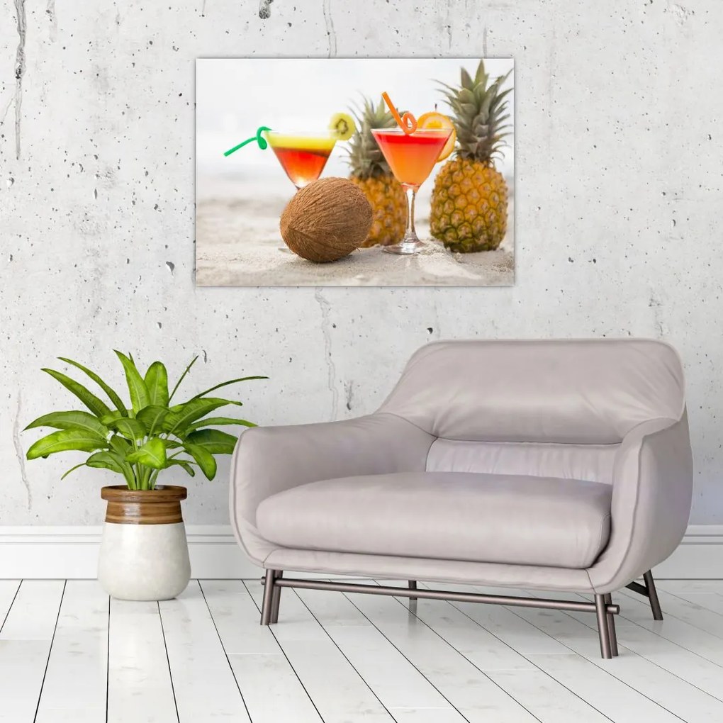 Tablou cu ananas și pahare pe plajă (70x50 cm)