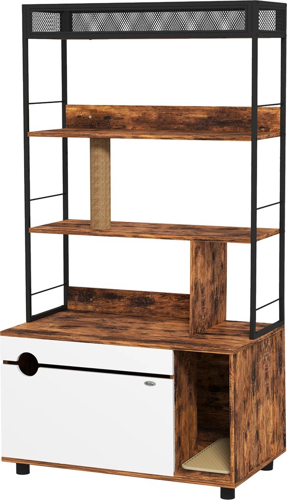 PawHut Litieră cu raft în 3 niveluri și stâlp pentru zgâriat, casă închisă pentru pisici, 80 x 48 x 152 cm, Maro | Aosom Romania