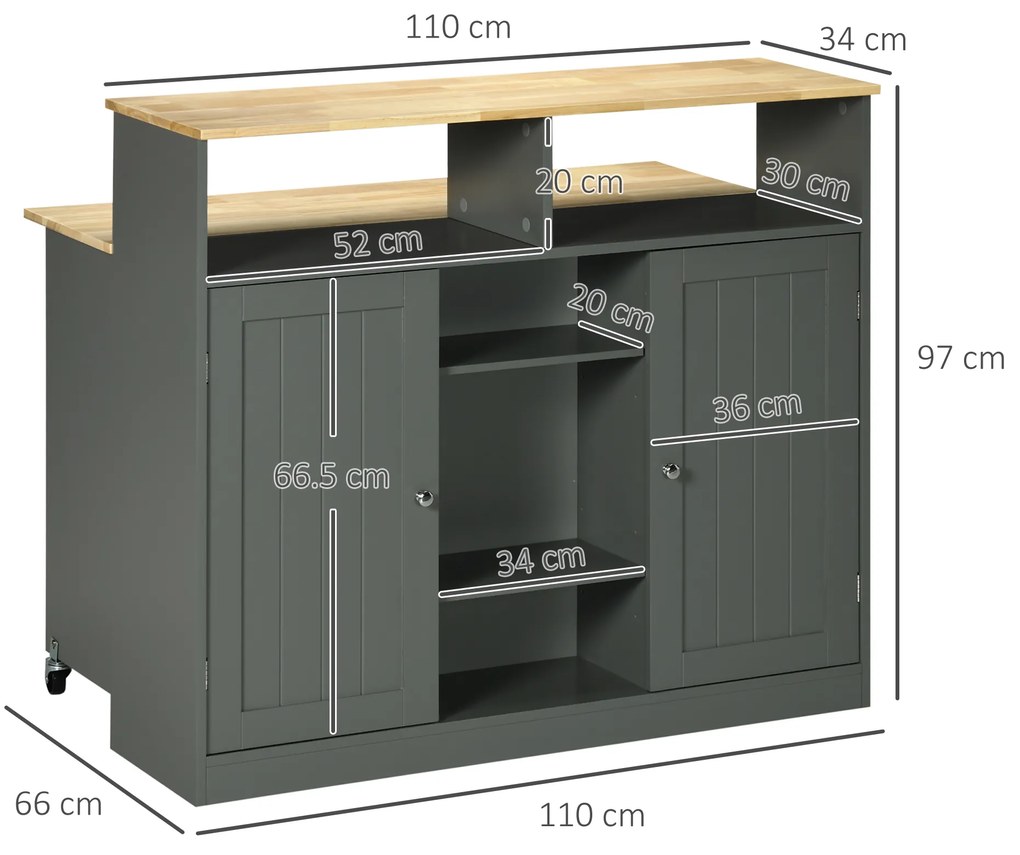 HOMCOM Insula de Bucatarie din MDF si lemn cu Blat Rabatabil, Dulapioare si Rafturi deschise, 110x66x97cm, gri | Aosom Romania