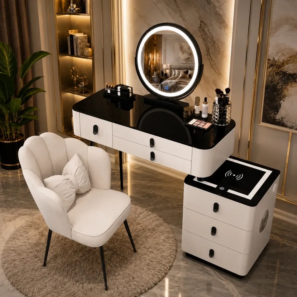 RESIGILAT- Set Margot Long, Masă de toaletă pentru machiaj cu oglindă iluminată LED, control touch, 6 sertare, comoda, scaun, Difuzor Bluetooth, zona încărcare fără fir, Alb, 100x40x75 cm
