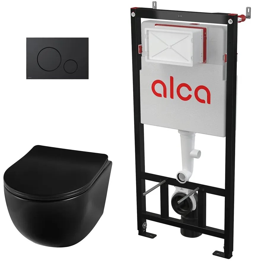 Pachet vas wc suspendat Balneo Luna, capac softclose, rama instalare Alcadrian si clapeta de actionare Alcadrain negru