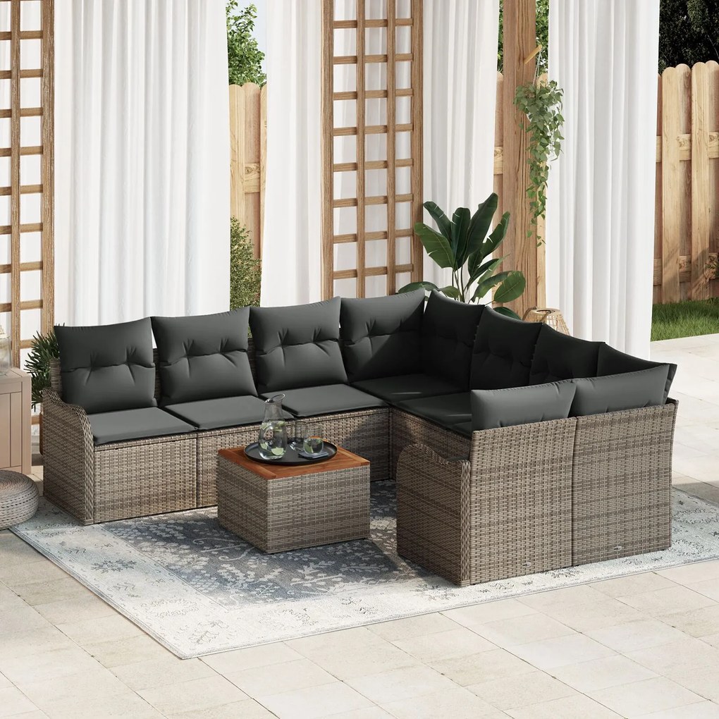 vidaXL Set canapea de grădină 9 pcs Gri Mări Rattan, Lemn