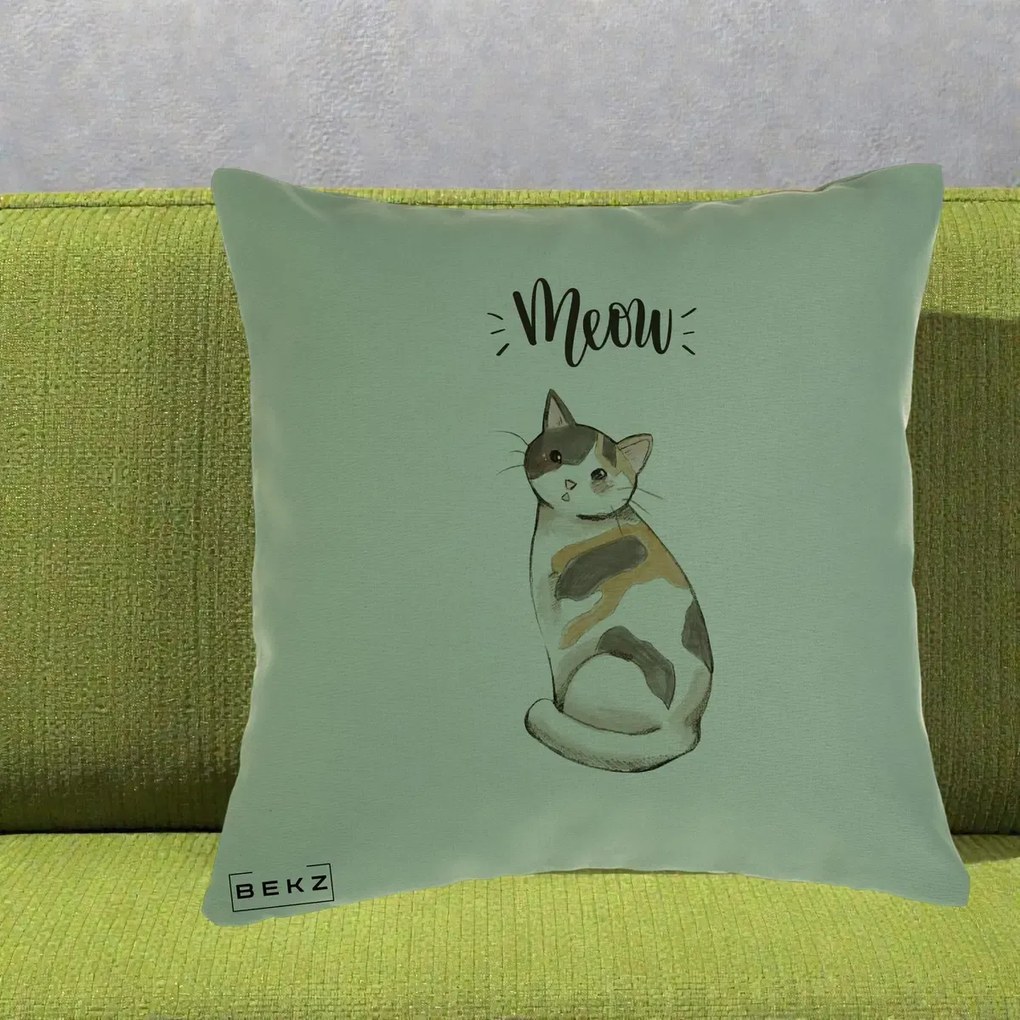 Perna Personalizata Pisica Meow Acuarela, 40x40 cm, Verde, Husa Detasabila, Perna Inclusa, BEKZ®