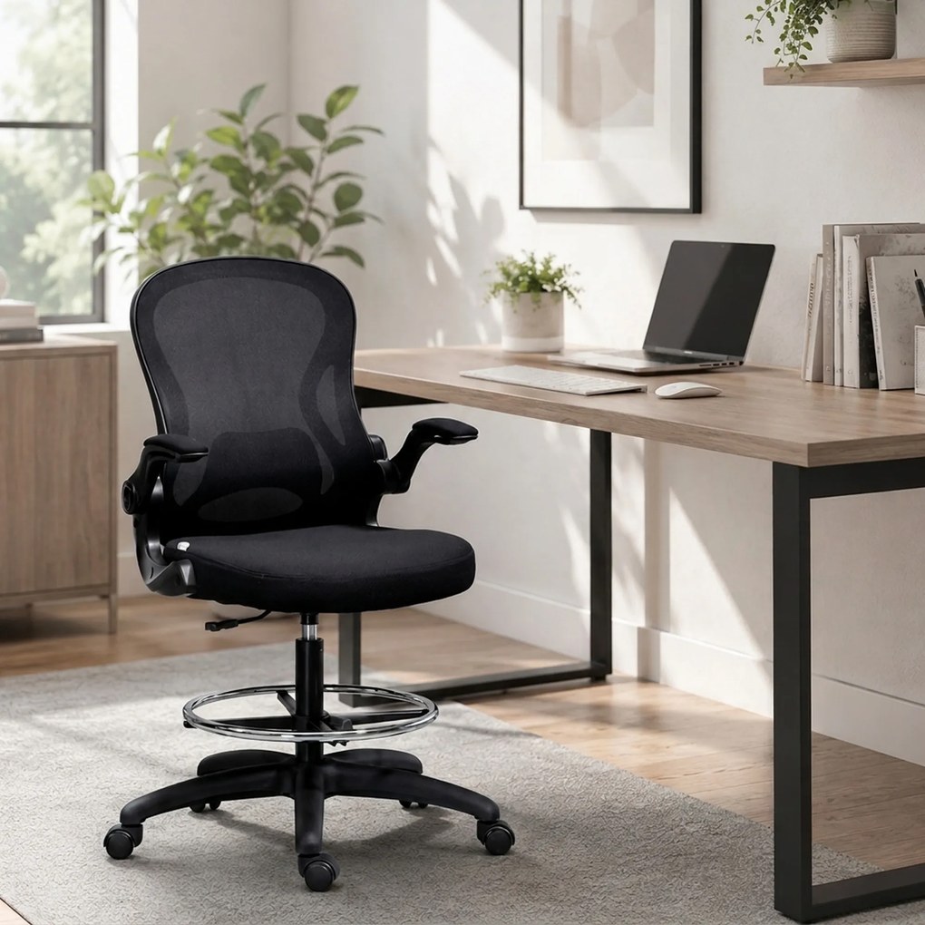 Vinsetto Scaun de Birou Ergonomic, Scaun Rotativ din Plasă, Reglabil pe Înălțime cu Suport pentru Picioare și Cotiere Rabatabile, Capacitate 120kg, Negru | Aosom Romania