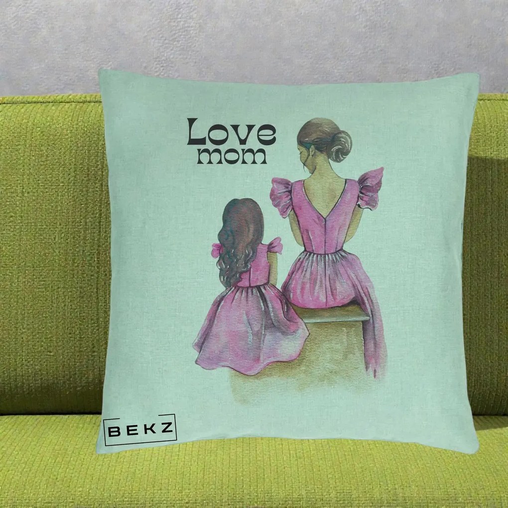 Cadou pentru Mama - Perna Personalizata Love Mom Rochii Roz, 40x40 cm, Verde Menta, Husa Detasabila, Perna Inclusa, BEKZ®