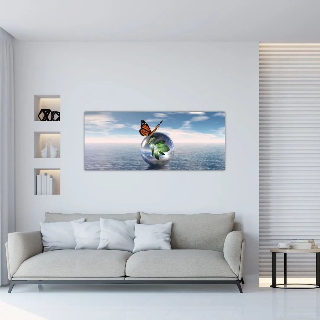 Tablou cu fluture pe bilă din sticlă (120x50 cm)