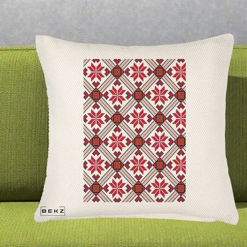 Perna Personalizata Motiv Traditional Ie Romaneasca Rosu, 40x40 cm, Crem Reliefat, Husa Detasabila, Perna Inclusa, BEKZ®