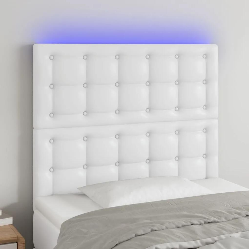 Tablie de pat cu LED, alb, 100x5x118 128 cm, piele ecologica 1, Alb, 100 x 5 x 118 128 cm