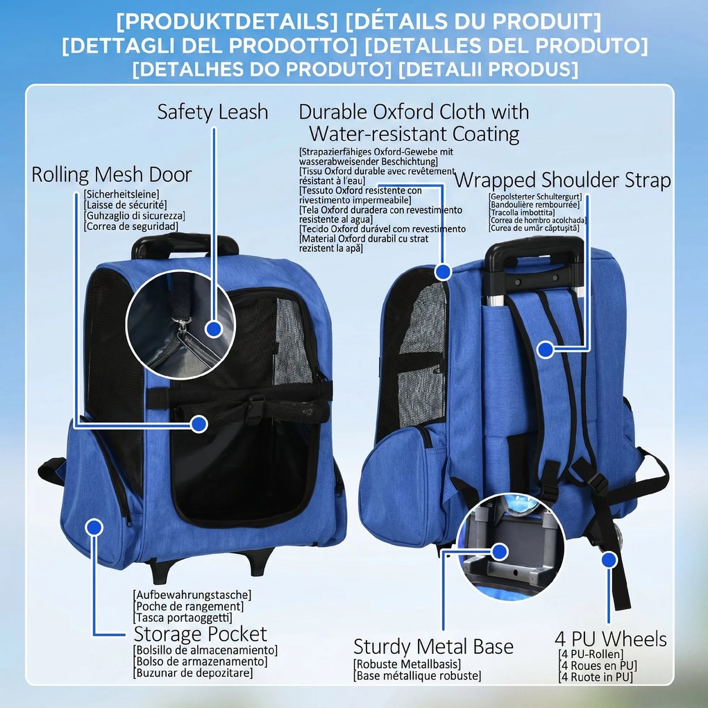 PawHut Rucsac 2-în-1 pentru Câini și Pisici cu Buzunare Laterale, Mâner Telescopic și Roti, 42x25x55 cm, Albastru | Aosom Romania