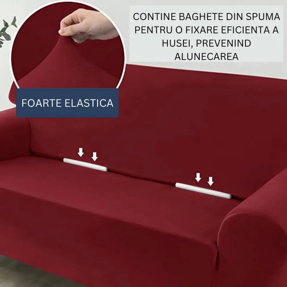 Set huse elastice din catifea pentru canapea 3 locuri + 2 fotolii, cu brate, rosu, HCCJS-11