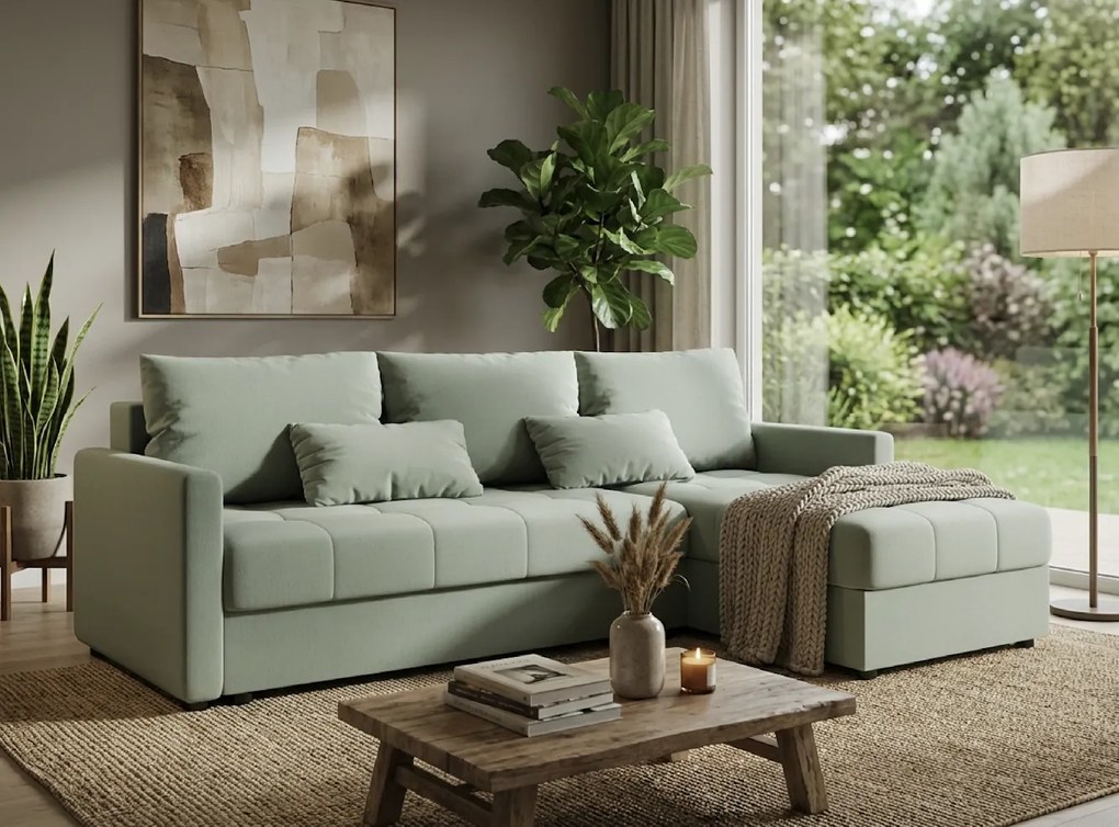 Coltar extensibil de colt VENORIA, verde deschis, reversibil, 220x143 cm + 2 perne GRATUIT