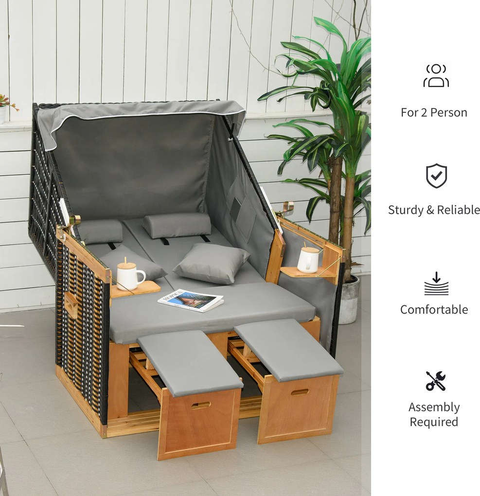 Outsunny Șezlong plajă 2 persoane, cu perne și suport picioare, rezistent la vreme, gri deschis | Aosom Romania