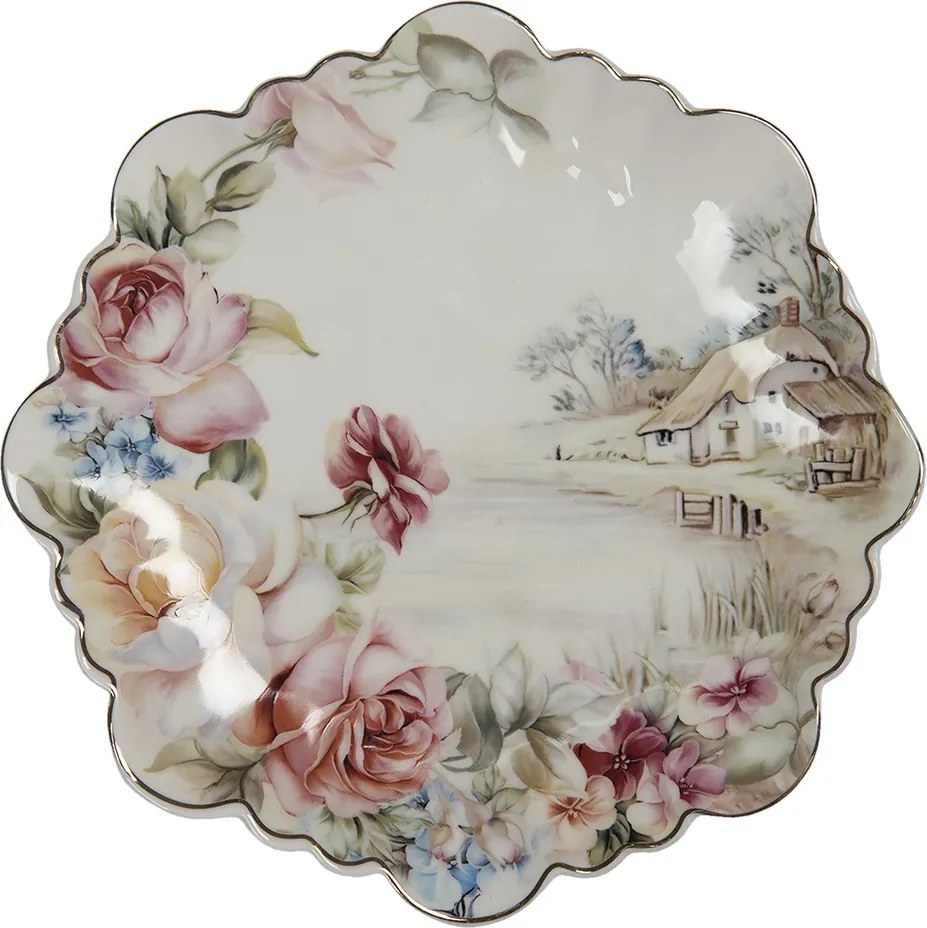 Farfurie alba, din portelan, cu motive florale, Ø19 cm
