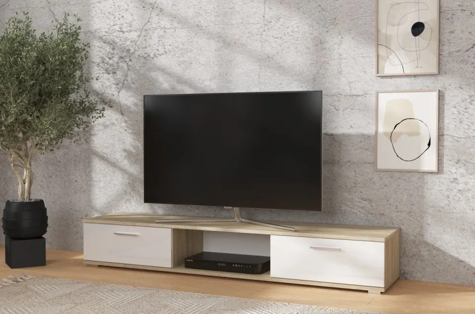 Comodă TV, 176x40x28, Sella, ADRK Furniture (Culoare: Alb Mat / Sonoma)