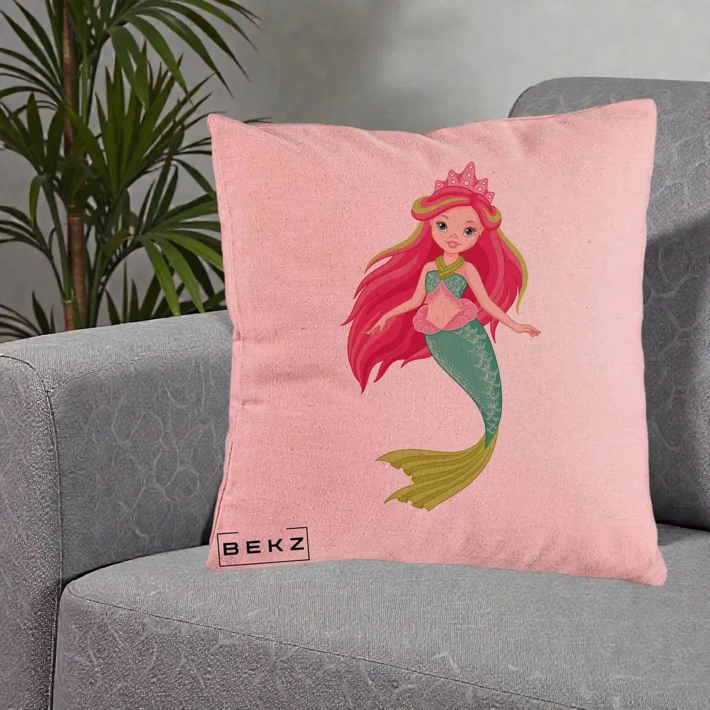 Perna Decorativa Sirena Roz cu Coroana, 40x40 cm, Roz, Husa Detasabila, Perna Inclusa, BEKZ®