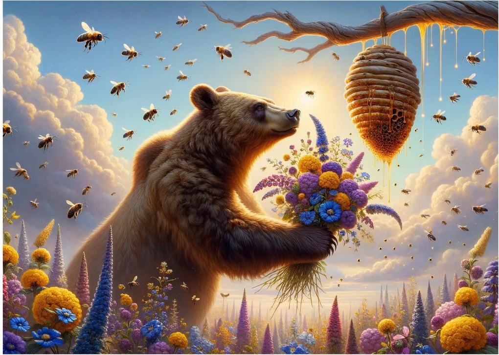 Tablou pe sticlă - Ursul și albinele (70x50 cm)