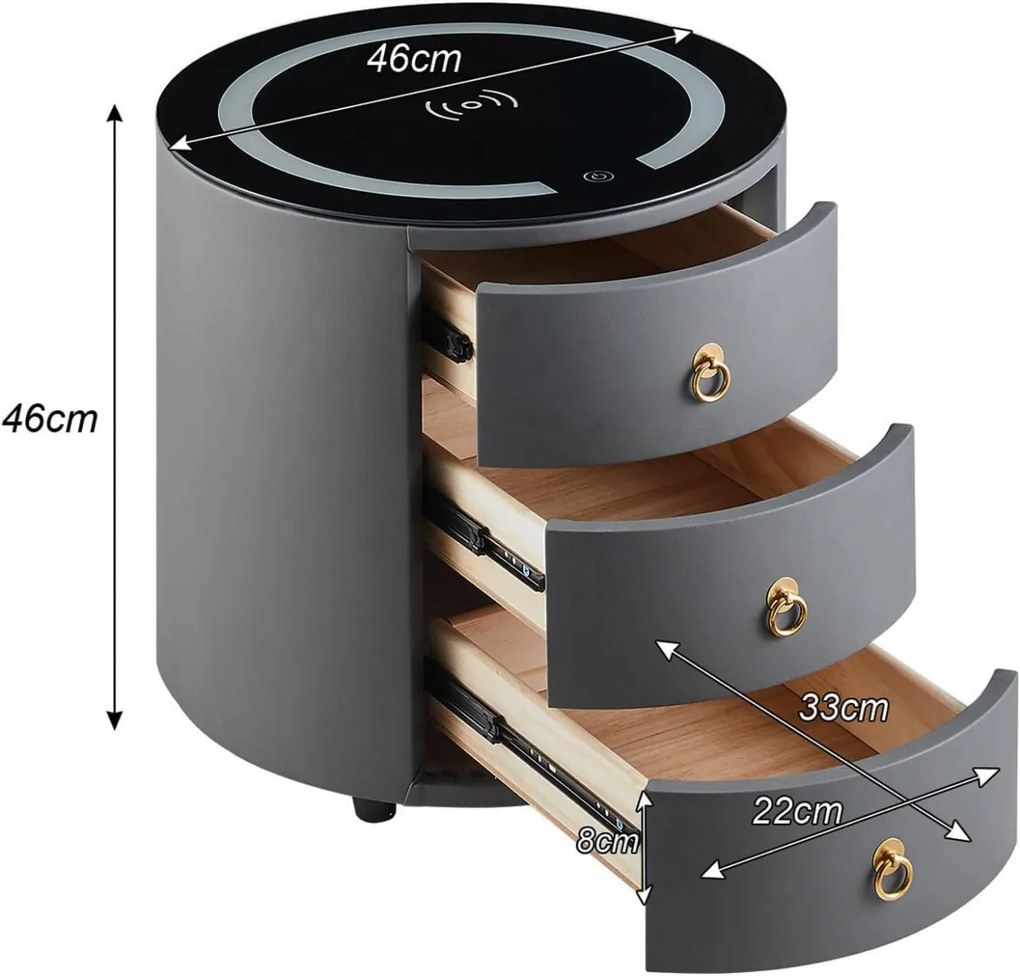 NON213 - Set 2x Noptiere Gri rotunde, 40 cm, cu 2 sertare, cu LED si incarcator Wireless, dormitor