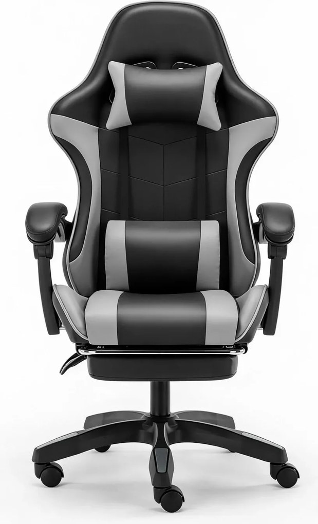 Scaun gaming, Masaj în perna lombară, Rabatabil 90-145°, Suport picioare, piele PU, Negru/Gri