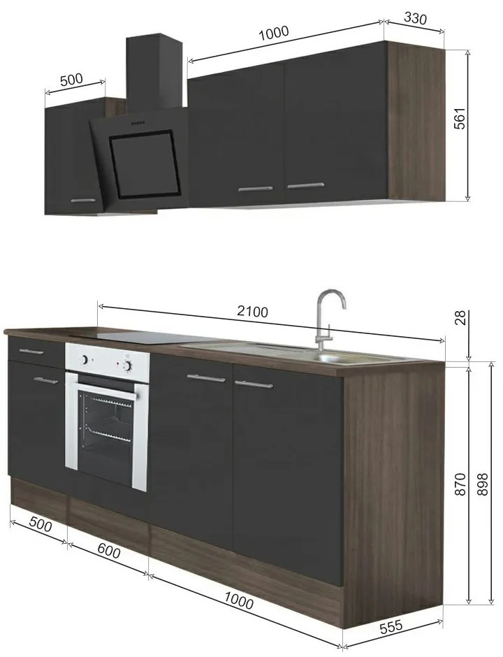 Mobilă de bucătărie Yorki 210, corp din stejar Yorki, față antracit satinat cu element inferior al cuptorului
