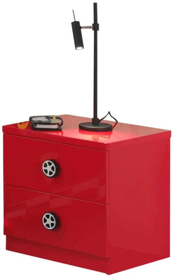 Noptieră pentru copii Monza roșie din MDF cu 2 sertare soft-close și mânere în formă de roți – Vipack
