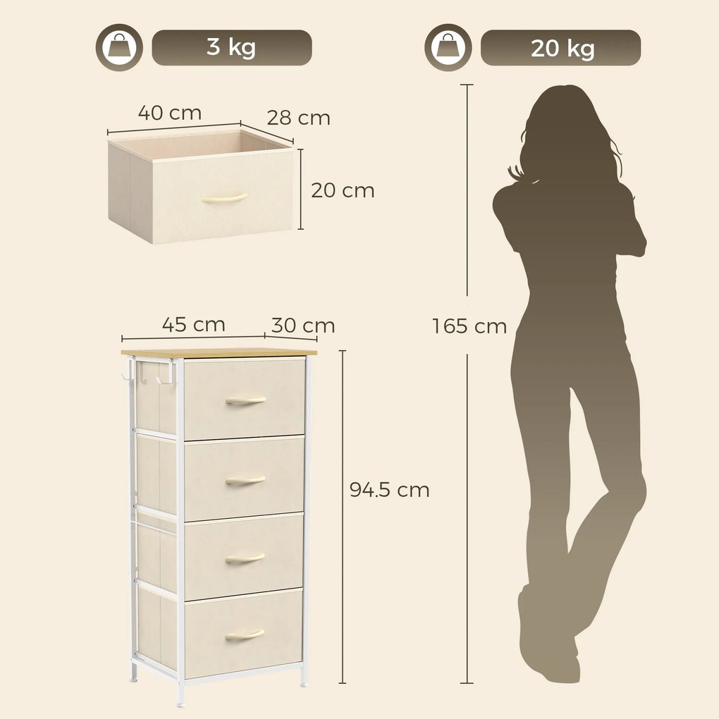 HOMCOM Comodă înaltă cu 4 sertare din material textil, bej | Aosom Romania