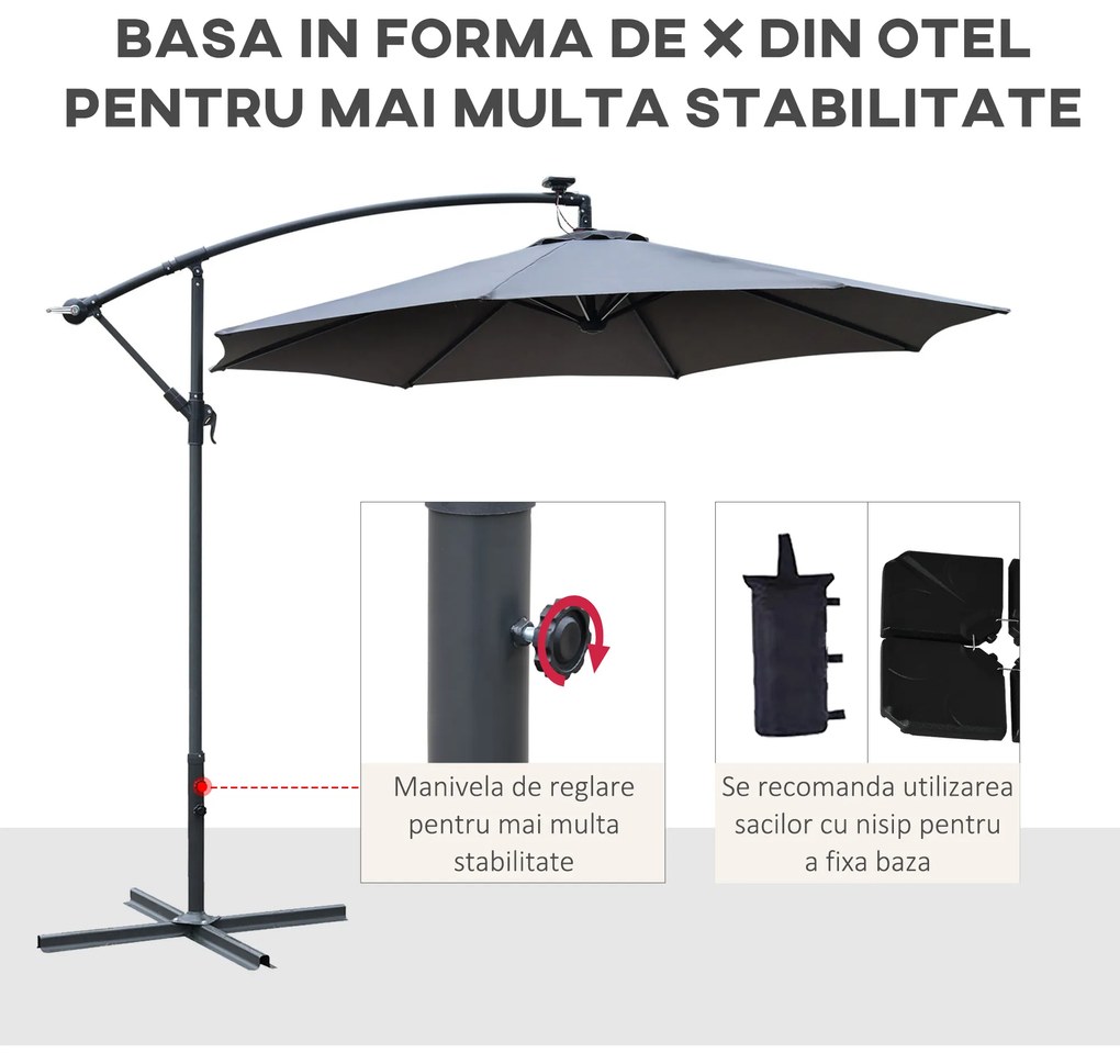 Outsunny Umbrelă Neagră cu Manivelă și Iluminare LED Solară 8 Benzi, Sistem de Deschidere Ușor, Φ300x245cm | Aosom Romania