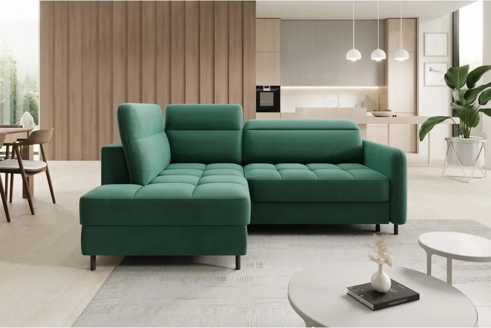 Colțar verde extensibil/cu spațiu de depozitare cu tapițerie din catifea (cu colț pe partea stângă/în formă de ”L”) Barea – ELTAP