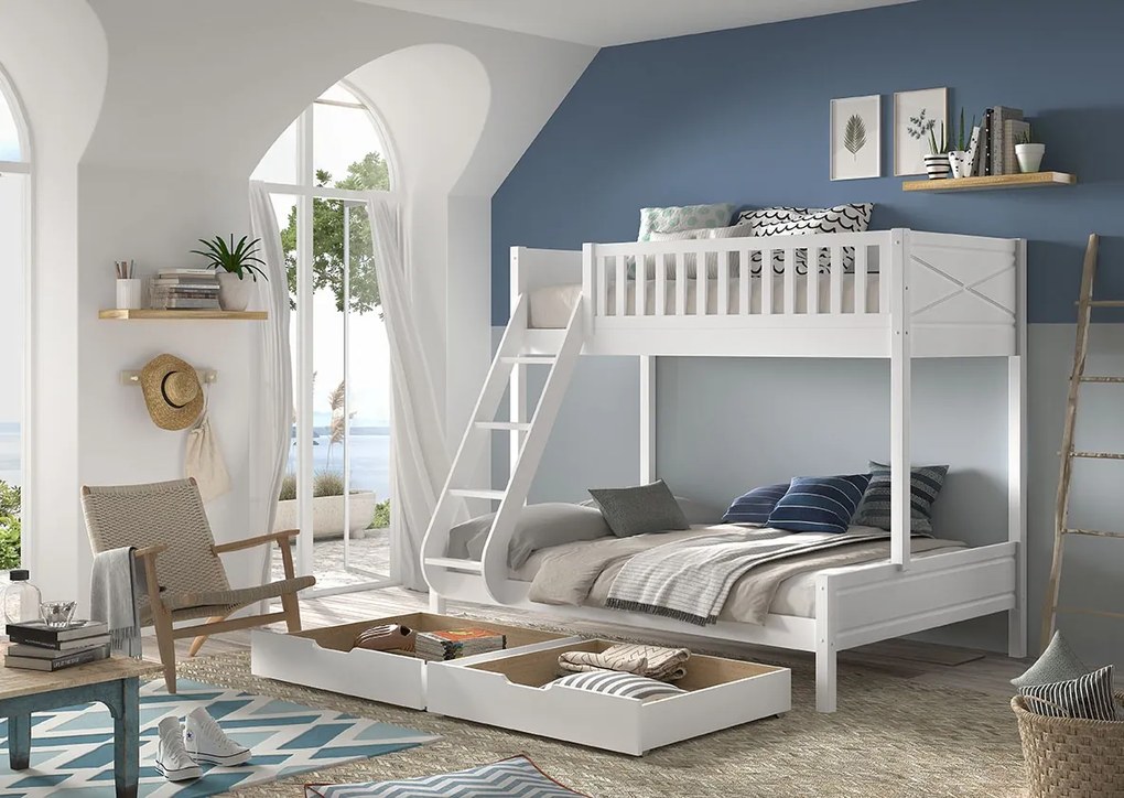 Pat suprapus familie pentru copii SCOTT, alb, 140 x 200 cm + 90 x 200 cm, din pin scandinav masiv, cu 2 sertare pentru depozitare – Vipack