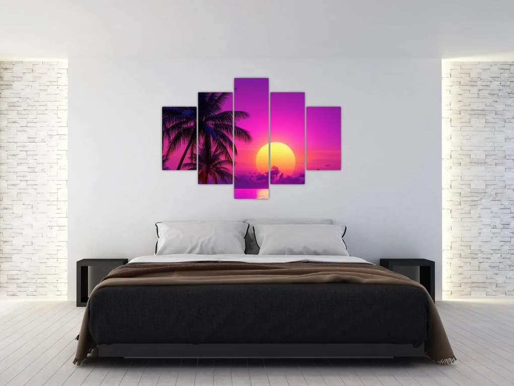 Tablou - Apus violet cu palmier (150x105 cm)