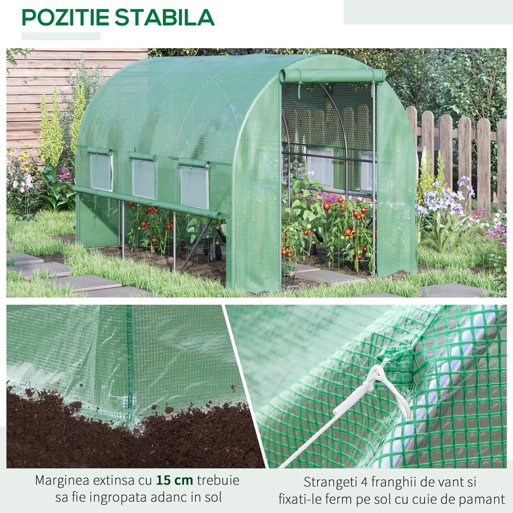 Outsunny Sera de Grădină Tip Tunel 3x2x2 m cu Ușă Rulabilă și 6 Ferestre cu Plasă, Sera pentru Grădină cu Structură din Oțel și Acoperire PE, pentru Legume, Flori, Fructe, Anti UV, Verde | Aosom Romania