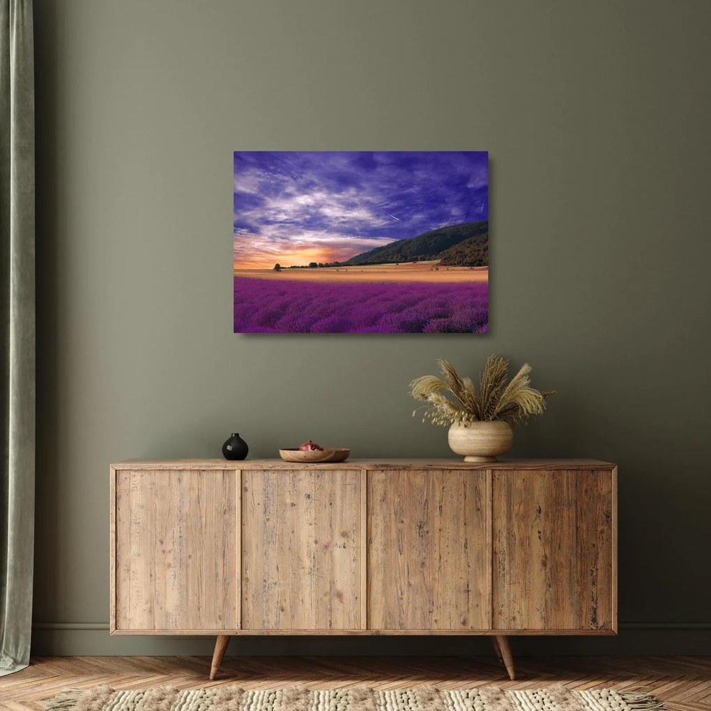 Tablou pe sticlă cu lunca cu lavandă (70x50 cm)