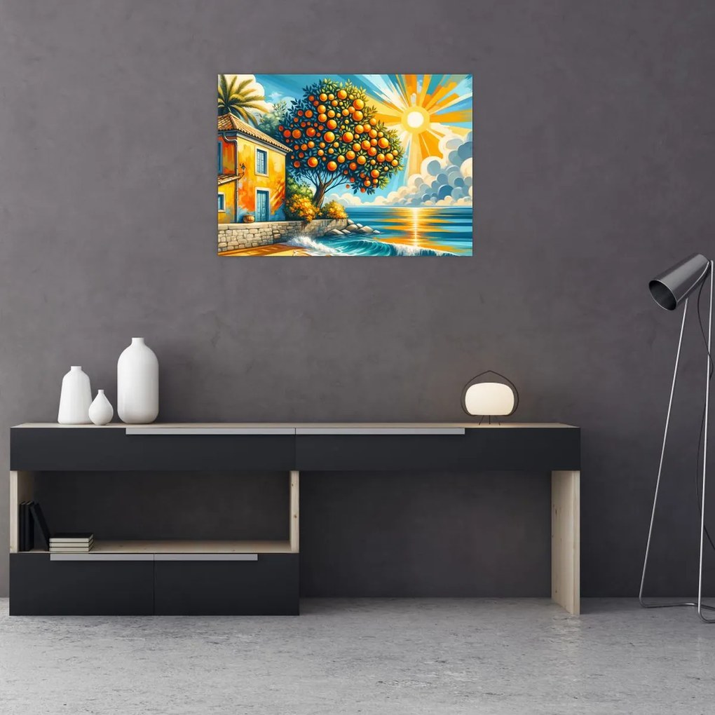 Tablou pe sticlă - Casă cu portocale I. (70x50 cm)