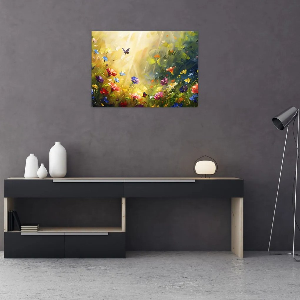 Tablou pe sticlă - Pajiște cu flori de primăvară, pictură (70x50 cm)
