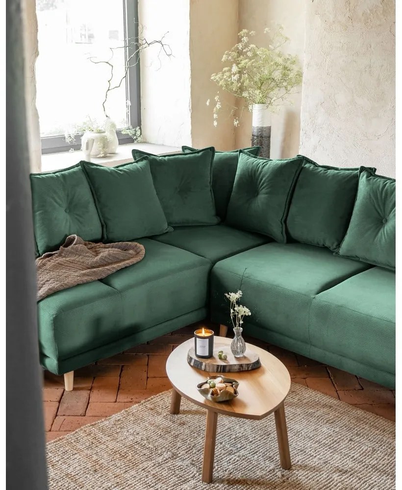 Colțar verde extensibil cu tapițerie din catifea reiată (colț stânga) Lazy Lukka – Miuform