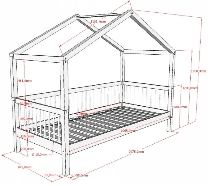 Pat Căsuță Forrest Beech pentru Camera Copii, 90x200 cm, din Lemn Masiv de Fag, Alb – Vipack