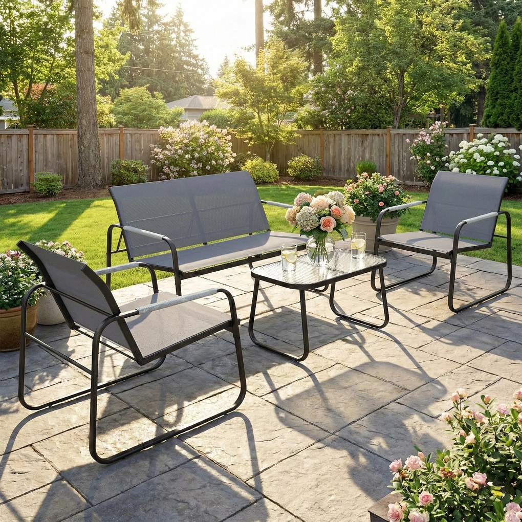 Outsunny Set de Grădină 4 Piese, Canapea cu 2 Locuri, 2 Fotolii, Măsuță din Sticlă Temperată, Gri | Aosom Romania