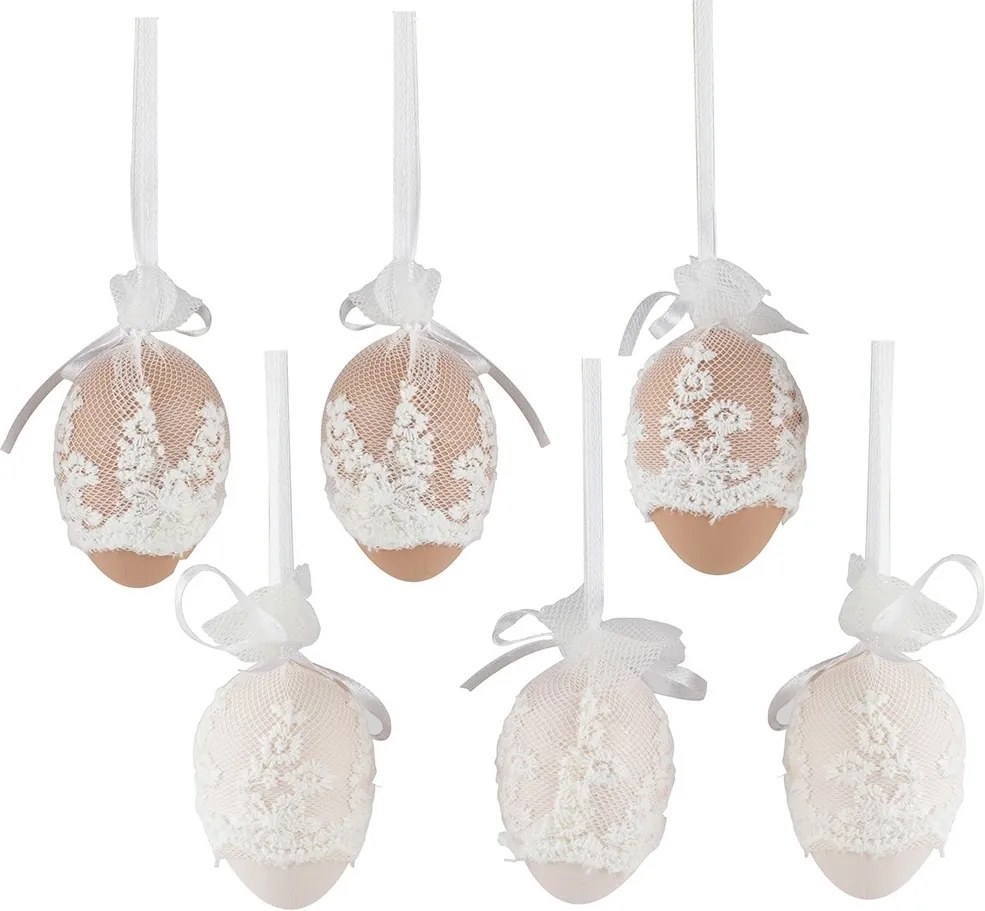Set 6 oua suspendabile Paste cu dantela alba 6 cm
